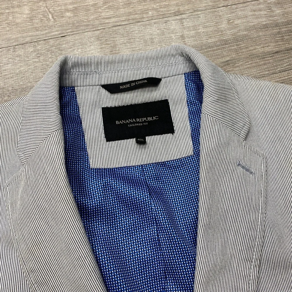 Banana Republic Blazer Mens 40L Blue Seersucker Elbow Patch Tailored Sport Coat